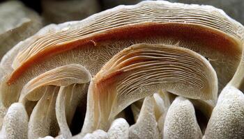 dichtbij omhoog van kieuwen van oester paddestoel, pleurotus ostreatus. generatief ai foto