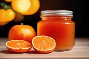 rijp oranje fruit met bladeren Aan houten tafel, detailopname visie. generatief ai foto