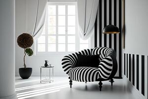 hedendaags fauteuil in zwart en wit strepen in een modern interieur ontwerp, ai generatief foto