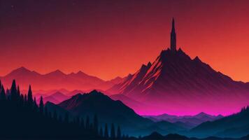 een berg in de bergen met een zonsondergang achtergrond. ai gegenereerd achtergrond foto