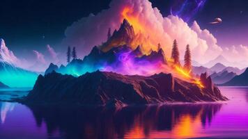 een kleurrijk berg met een donker lucht en een regenboog Aan het. ai gegenereerd achtergrond foto