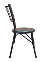 kant visie van zwart metaal stoel met leer stoel geïsoleerd Aan wit achtergrond met knipsel pad foto