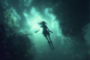 persoon in een lichaam van water omringd door vis. generatief ai. foto