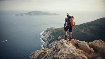 een Mens looks uit over- een berg en de oceaan. avontuur reis, zomer vakantie. generatief ai foto