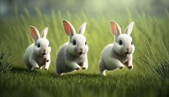 schattig weinig konijnen rennen Aan gras veld- werf in de ochtend- met zonlicht, genieten lief en geluk, konijn in vers milieu voorjaar seizoenen, met generatief ai. foto
