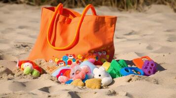 een strand zak met zand speelgoed. generatief ai foto
