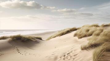 een strand landschap met zand duinen en golven. generatief ai foto