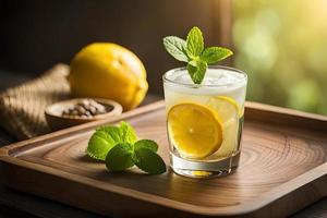 verfrissend fruitig zomer drinken Aan tafel met citroen en munt foto