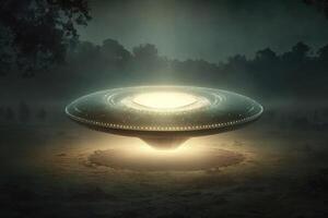 ai gegenereerd ufo en buitenaards wezen concept. een niet geïdentificeerd vliegend voorwerp en helder licht in de duisternis. foto