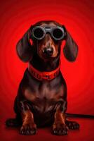portret van een schattig bruinen, korthaar teckel hond met tech-retro zonnebril en een rood halsband Aan rood studio achtergrond. generatief ai kunst. foto