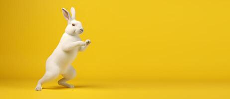 schattig konijn geïsoleerd Aan geel achtergrond, banier met kopiëren ruimte. generatief ai foto