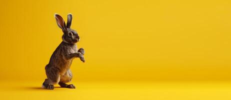 schattig konijn geïsoleerd Aan geel achtergrond, banier met kopiëren ruimte. generatief ai foto
