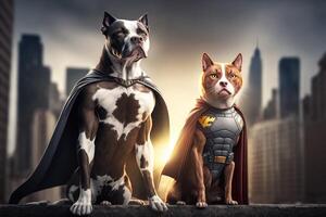 superpet kat en hond net zo superhelden met kaap Aan stadsgezicht achtergrond. gemaakt generatief ai foto