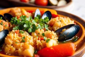 Portugal keuken. gebakken pompoen met vis filets. zeevruchten paella met garnalen, mosselen en tomaten. generatief ai foto