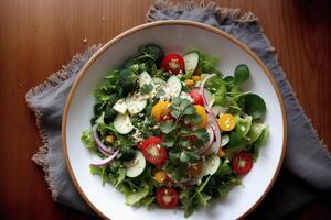 vers salade met groen olijven, feta kaas en kers tomaten in een schaal. gezond salade. generatief ai foto