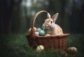 konijn en Pasen eieren. weinig konijn in mand met versierd eieren Pasen kaart. concept van Pasen ei illustratie. generatief ai foto