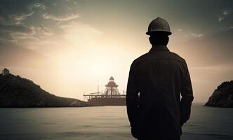 silhouet van ingenieur in veiligheid hoed staand in voorkant van offshore olie platform station, energie industrie. generatief ai. foto