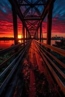 houten plank loopbrug leidend naar een mooi zonsondergang Aan de meer. generatief ai. foto