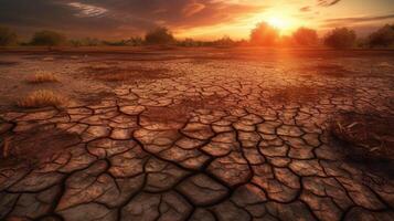 land- met droog en gebarsten grond. woestijn, wereldwijd opwarming background.conceptual beeld van klimaat Wijzigen. generatief ai. foto
