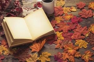 blanco boek in de buurt van koffie en herfstbladeren