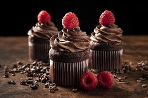 close-up van heerlijke chocolade cupcakes met framboos foto
