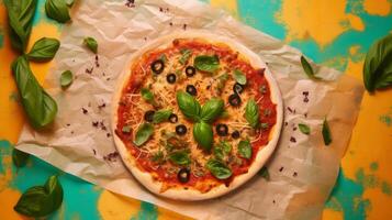 peperoni pizza Aan levendig achtergrond. illustratie ai generatief foto