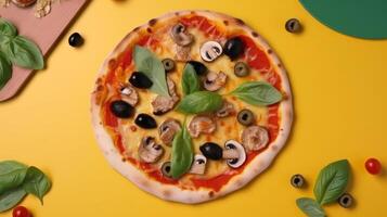 peperoni pizza Aan levendig achtergrond. illustratie ai generatief foto