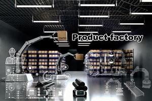 arm robot ai vervaardiging doos Product voorwerp voor fabricage industrie technologie Product exporteren en importeren van toekomst voor producten, voedsel, cosmetica, kleding magazijn mechanisch toekomst technologie foto