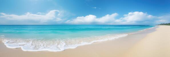 panorama tropisch zee en zanderig strand met blauw lucht achtergrond. generatief ai foto