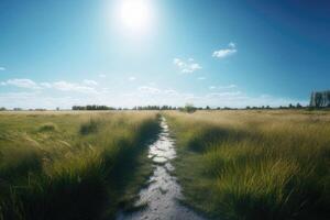 de landschap van gras velden en blauw lucht weg leidend uit in de afstand. generatief ai. foto