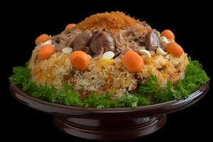 ai gegenereerd plov nationaal Oezbekistan voedsel Aan de tafel van restaurant foto