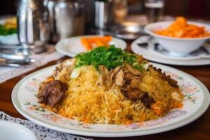 ai gegenereerd plov nationaal Oezbekistan voedsel Aan de tafel van restaurant foto