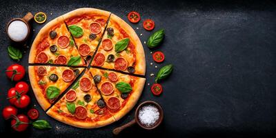 de top visie pizza Aan de zwart tafel met ingrediënten en ai gegenereerd. foto