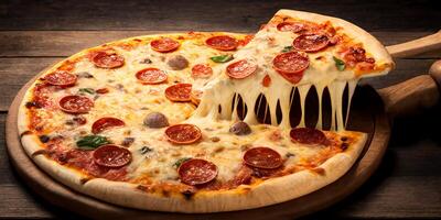 de peperoni pizza en een stuk van uitgerekt kaas pizza met ai gegenereerd. foto