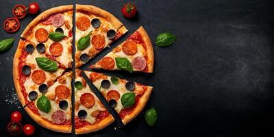 de top visie pizza Aan de zwart tafel met ingrediënten en ai gegenereerd. foto