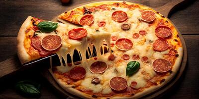 de peperoni pizza en een stuk van uitgerekt kaas pizza met ai gegenereerd. foto