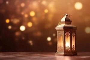 Ramadan kareem nacht lantaarn. latern met waas schijnen achtergrond. generatief ai foto