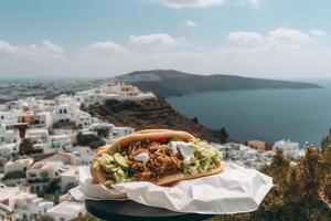 gyros met wit Grieks stad in Santorini. ai gegenereerd foto