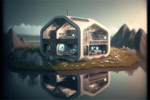 futuristische huis in de midden- van een lichaam van water. generatief ai. foto