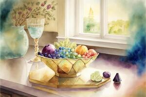 schilderij van een kom van fruit Aan een tafel. generatief ai. foto
