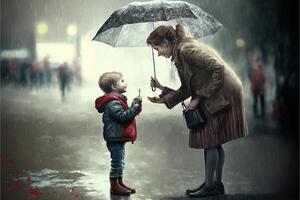 vrouw staand De volgende naar een weinig jongen onder een paraplu. generatief ai. foto