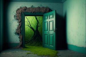een Open deur met een schilderij van een boom Aan het. generatief ai. foto