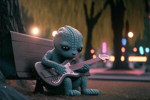 speelgoed- buitenaards wezen spelen een gitaar Aan een park bank. generatief ai. foto