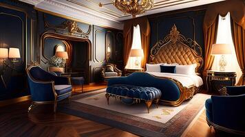 luxe slaapkamer in klassiek stijl. 3d geven illustratie. ai gegenereerd foto