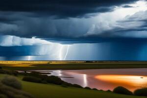 een onweersbui is komt eraan in de velden van zuiden Afrika. de storm is komt eraan. ai gegenereerd foto