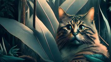 schattig kat met groen ogen in de oerwoud. wijnoogst stijl. 3d veroorzaken. ai gegenereerd foto