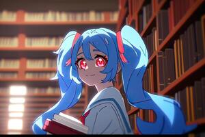 heel schattig anime schoolmeisje met blauw haren en rood ogen in bibliotheek, ai gegenereerd foto