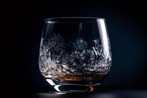 mooi wit whisky glas Aan donker blauw achtergrond met ijs. ai gegenereerd foto