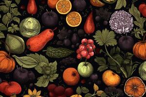 naadloos fruit en groente structuur Aan zwart achtergrond. ai gegenereerd foto
