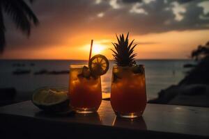 tropisch cocktails Bij zonsondergang. ai gegenereerd foto